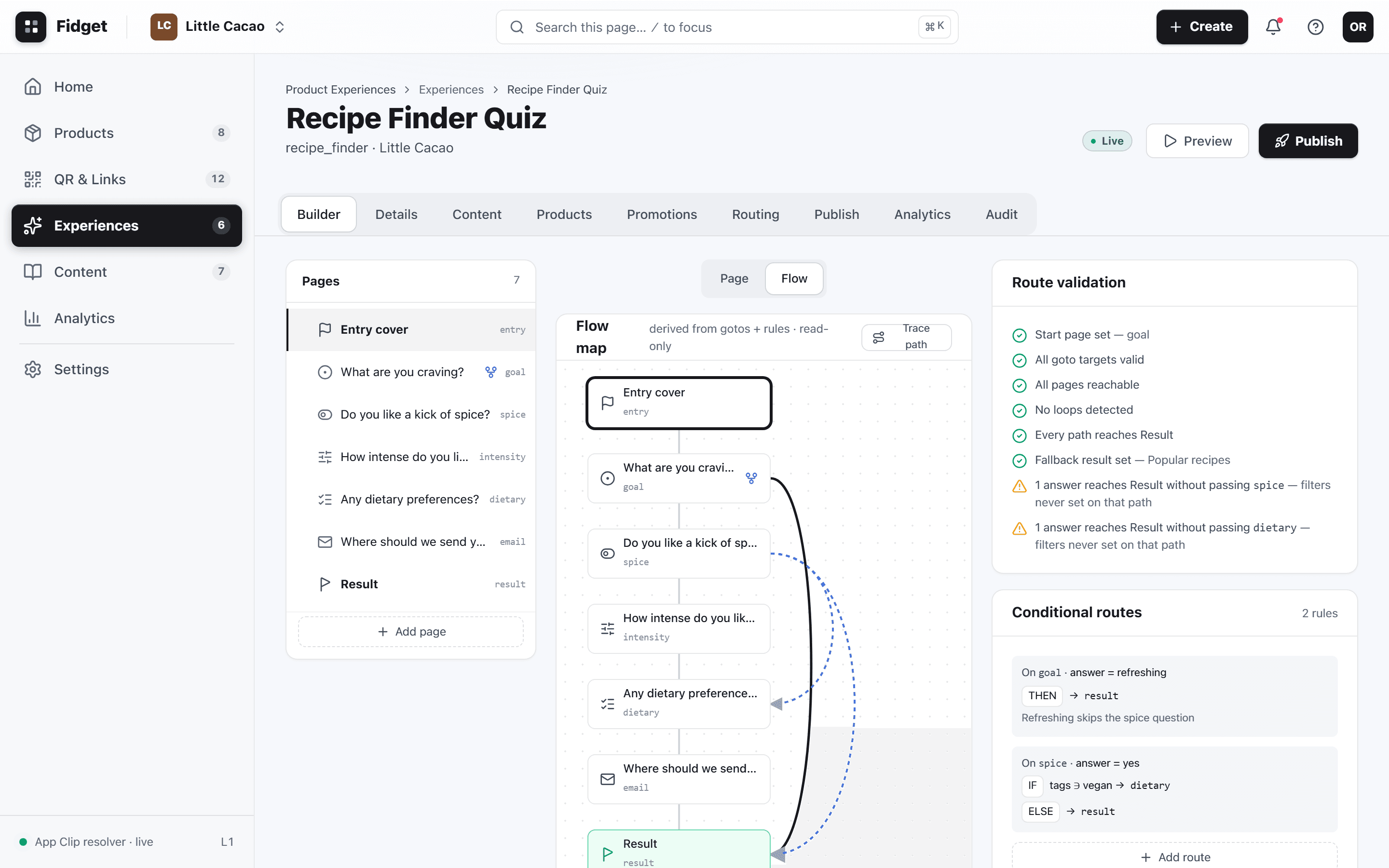 The Fidget Builder in Flow mode, showing the route map and a Route validation panel with checks like All pages reachable and No loops detected