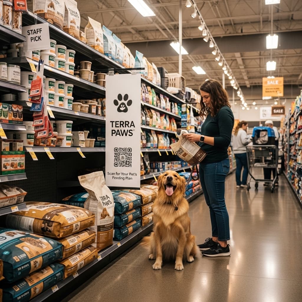 A shelf sign inviting a shopper to scan for a pet's feeding plan, next to the pet food aisle