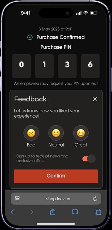 Fidget purchase-confirmed screen with a loyalty sign-up toggle