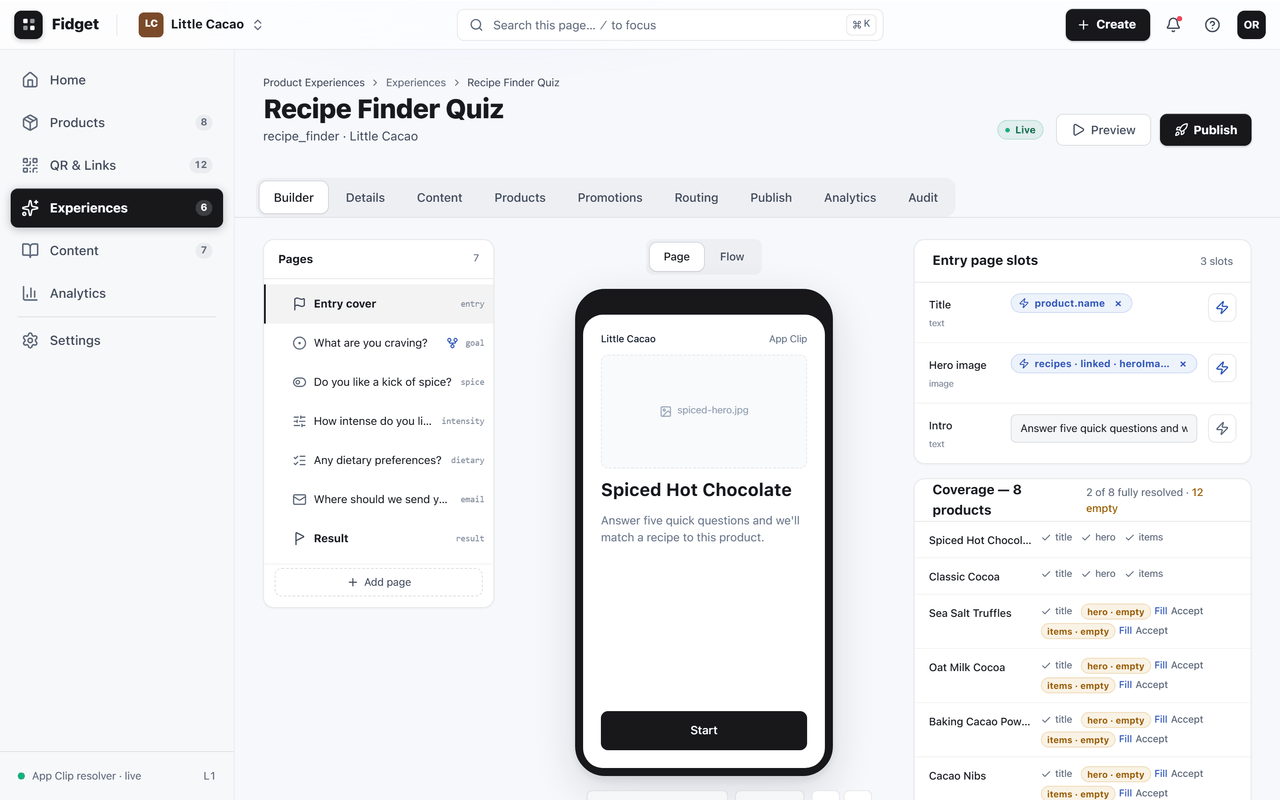 The Fidget Experience Builder: page list, live phone preview, and inspector for a recipe finder quiz experience