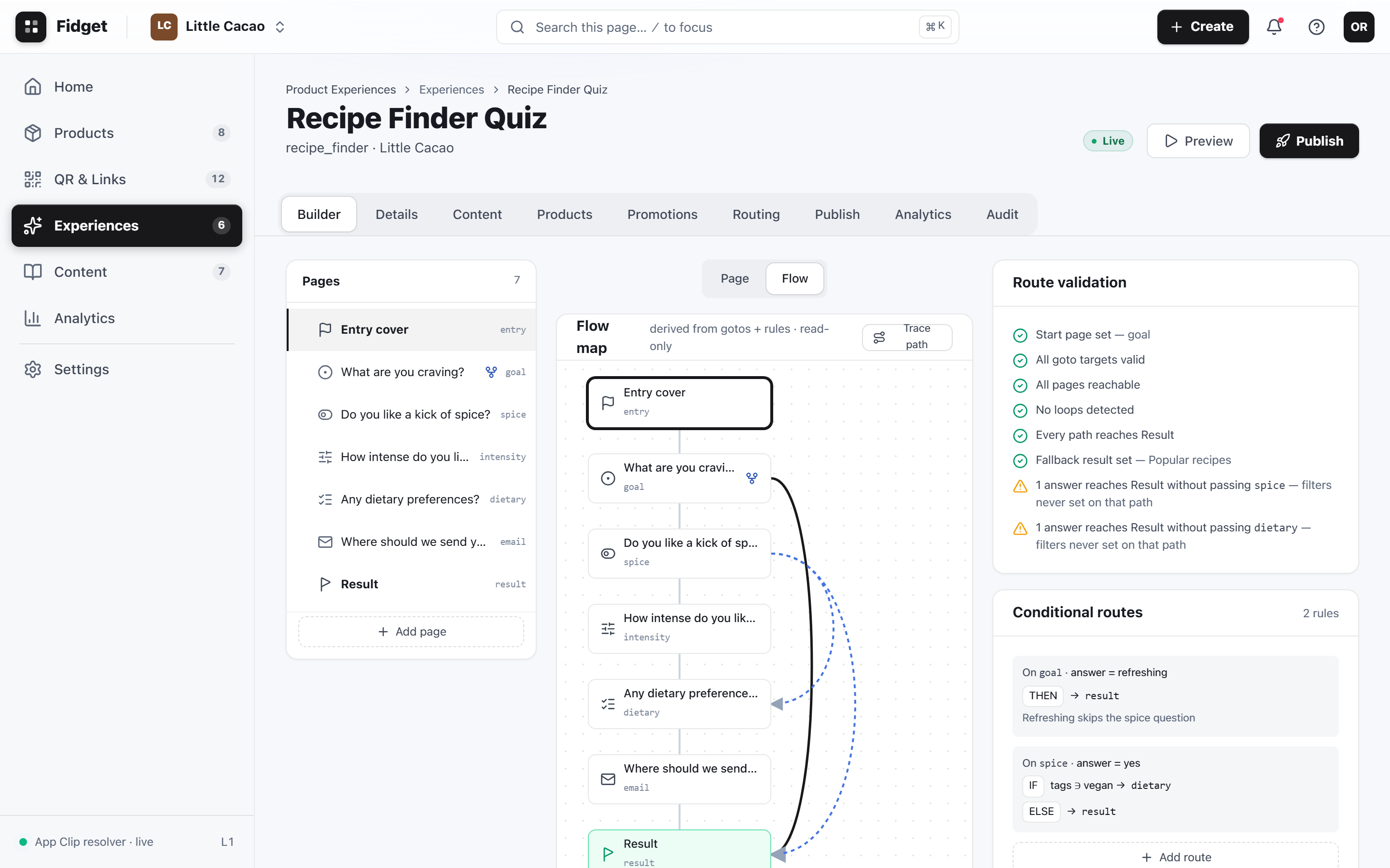 The Fidget Builder in Flow mode, showing the route map and a Route validation panel with checks like All pages reachable and No loops detected