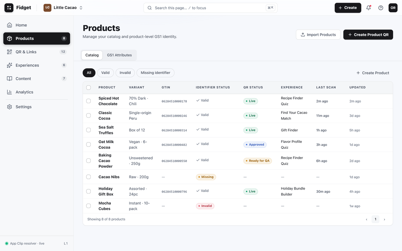 The Fidget Products catalog table showing GTIN, identifier status, QR status, and linked experience for each product