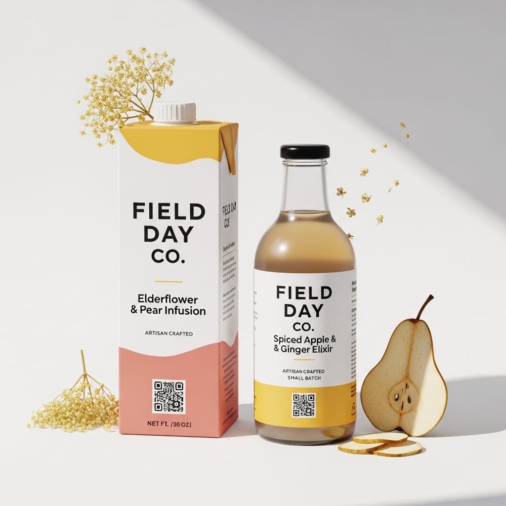 A FIELD DAY CO. juice carton and glass bottle on a light surface, each labeled with a QR code.