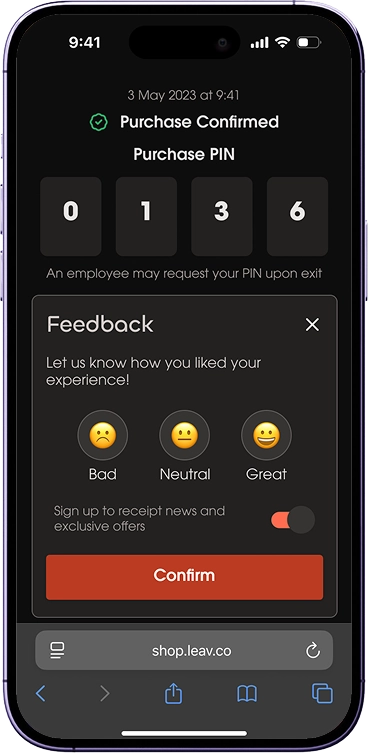 Fidget purchase-confirmed screen with a sign-up toggle for news and offers, capturing consent right after the scan